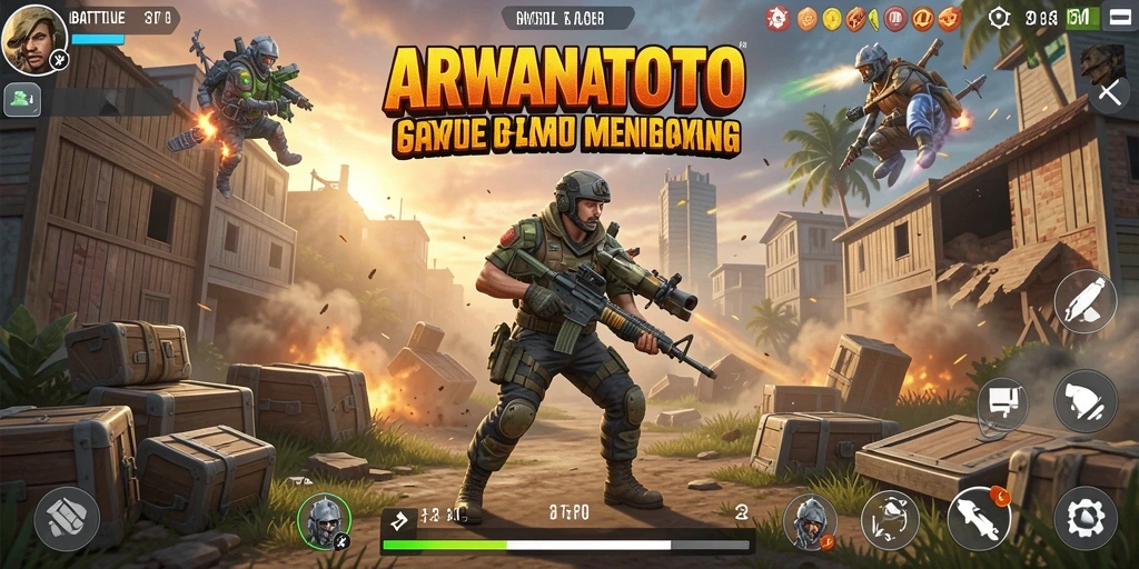 Screenshot menunjukkan aksi seru dalam permainan Battle Royale ARWANATOTO.