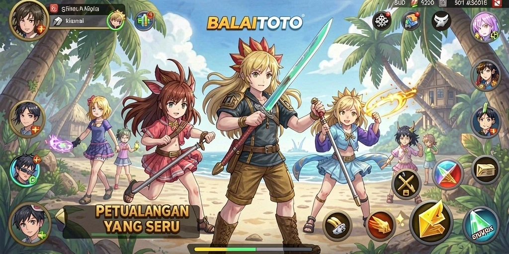 Gameplay BALAITOTO dengan karakter anime yang berwarna-warni.