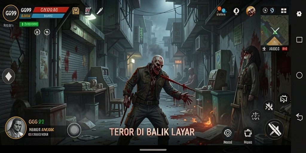 Screenshot gameplay GG99 dengan suasana horor yang mencekam.