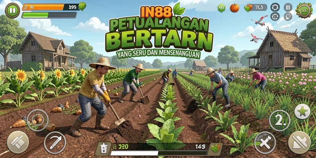 Tangkapan layar dari gameplay IN88 dengan ladang yang subur dan hewan ternak yang bahagia.