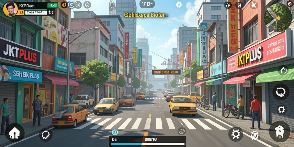 Tampilan gameplay JKTPLUS yang menampilkan interaksi karakter dan aktivitas kota.