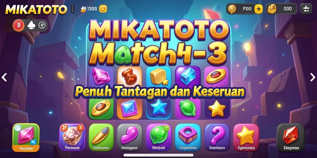 Tangkapan layar gameplay MIKATOTO dengan elemen Match-3 yang penuh warna.