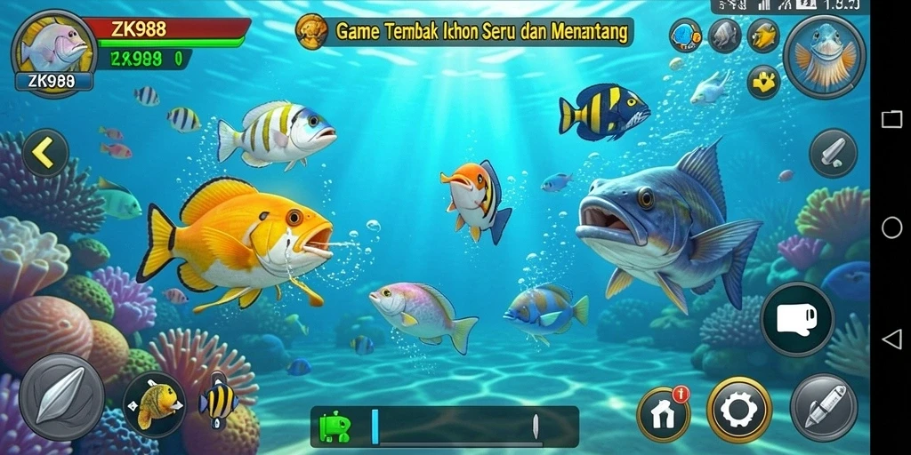 Screenshot gameplay ZK988 menampilkan aksi seru menembak ikan.